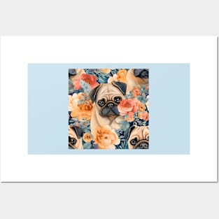 Fawn Pugs in Flowers All Over Tote Bag Posters and Art